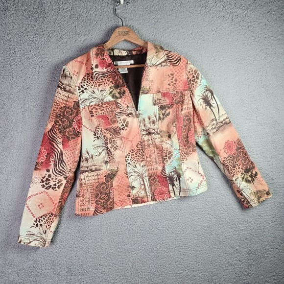Maggy London Coral Patchwork Cotton Tropical Zip Front Vintage Y2K Jacket 12 - Picture 5 of 10